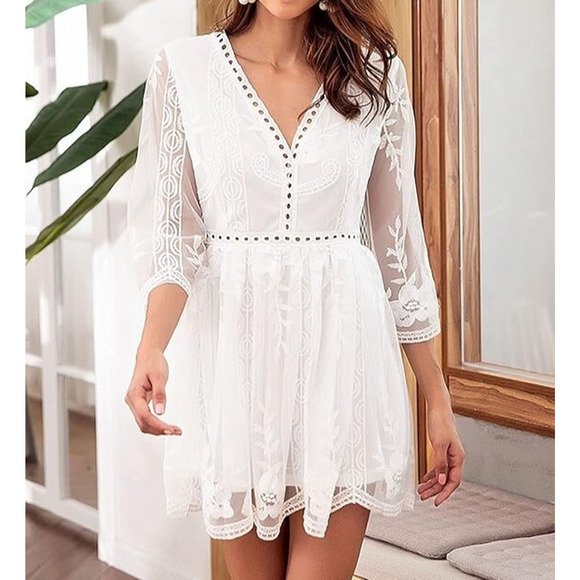 Shein White Medium 3/4 Sleeve V Neck High Waist Lace Hollow Out A-line Dress - Picture 1 of 15